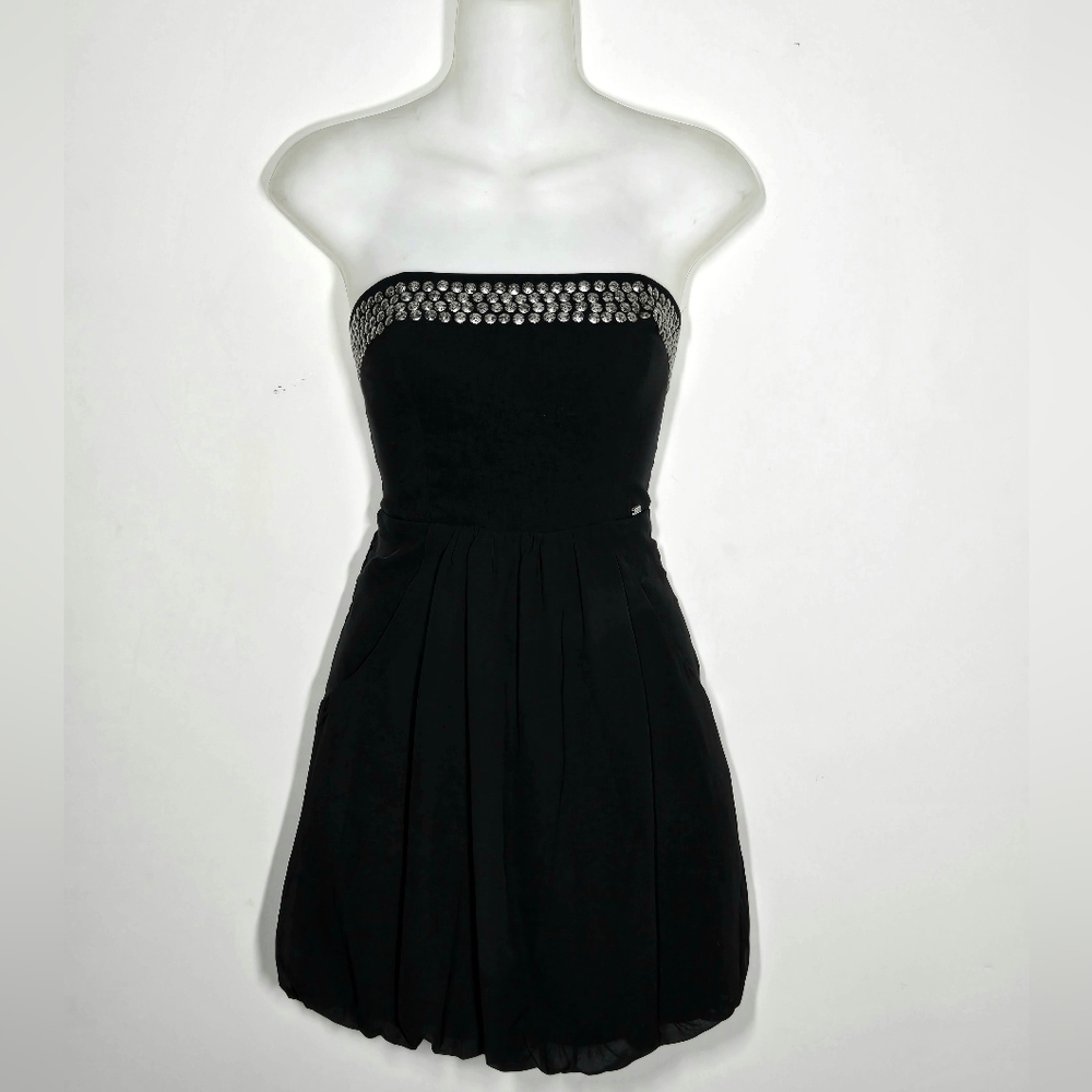 Guess Studded Black Strapless Bubble Hem Mini Dress with Pockets